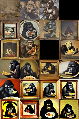 An antique 18th century painting of a gorilla eating a plate of chips.