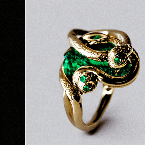 A depiction of a ring comprised of interwined serpents, topped with a single jewel of emerald.