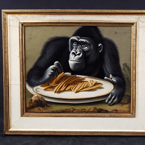 Prompt: An antique 18th century painting of a gorilla eating a plate of chips. | Negative Prompt: yellow circle